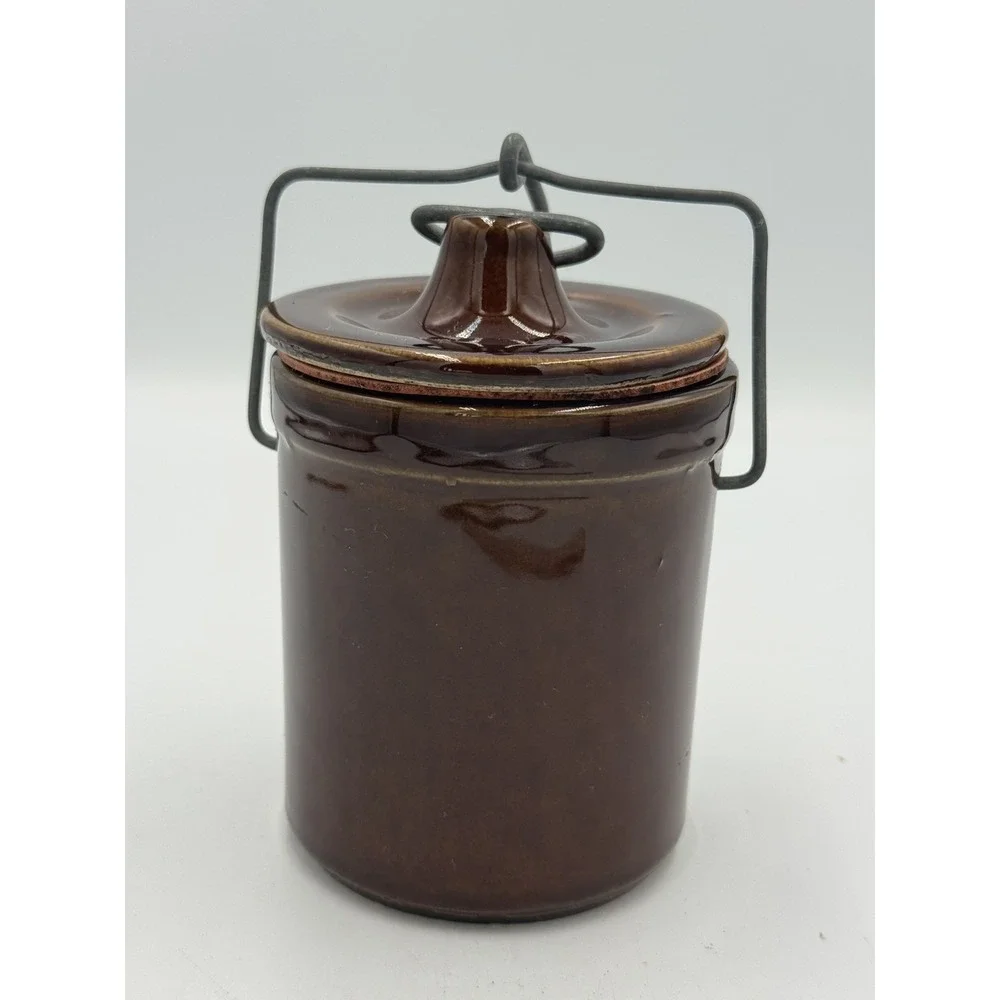Vintage Brown Stoneware Canister Crock Wire Bail Lid Rustic Kitchen Storage